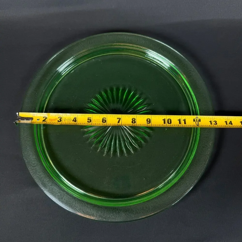 Vintage Uranium Glass Plates 13 inch Green Depression Glass UV Glow